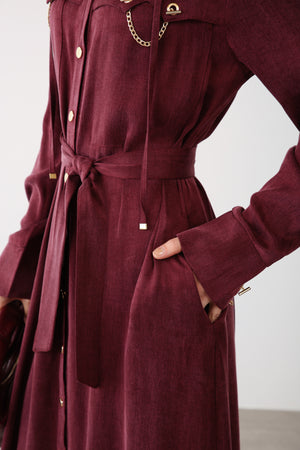 Wholesale Cupra Fabric Chain Detailed Belted Dress - Burgundy