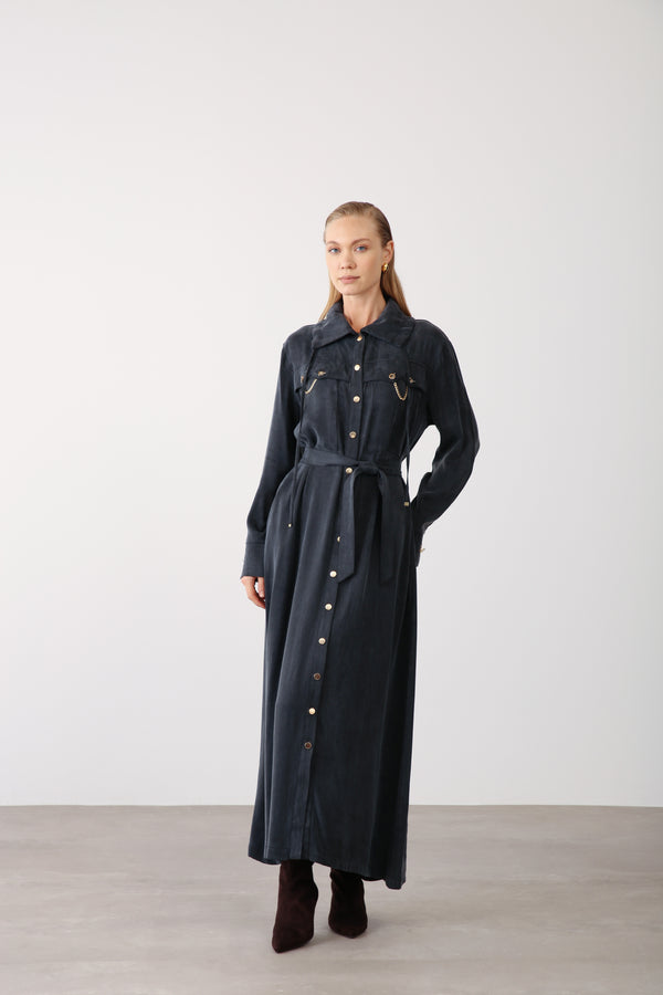 Wholesale Cupra Fabric Chain Detailed Belted Dress - Black