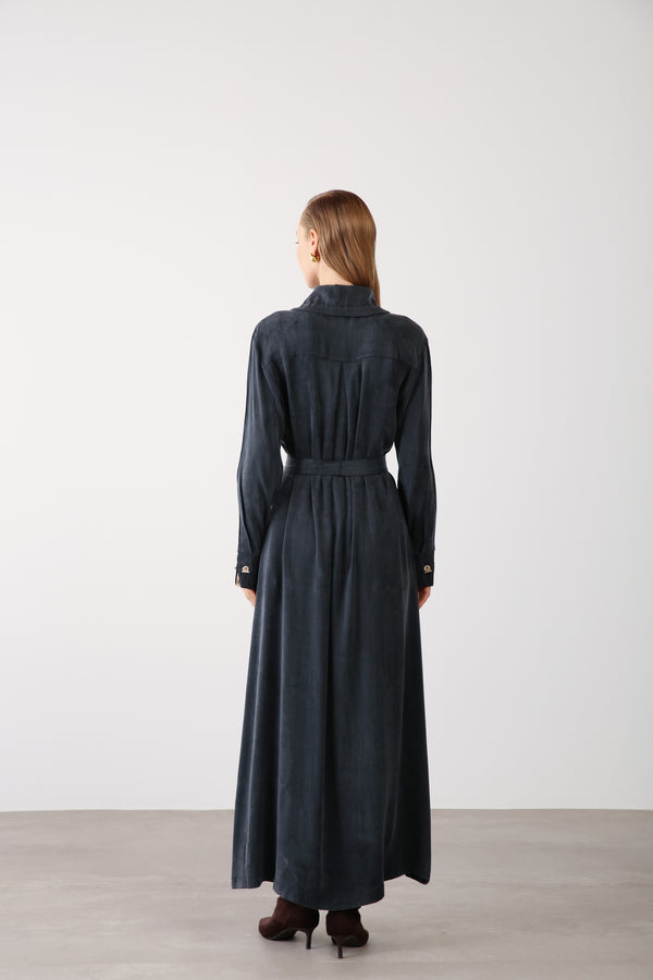 Wholesale Cupra Fabric Chain Detailed Belted Dress - Black