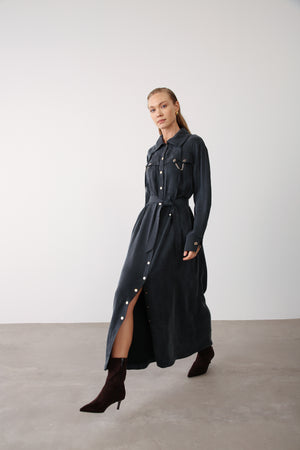 Wholesale Cupra Fabric Chain Detailed Belted Dress - Black