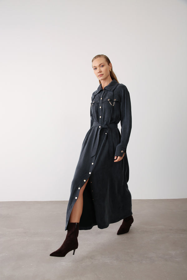 Wholesale Cupra Fabric Chain Detailed Belted Dress - Black