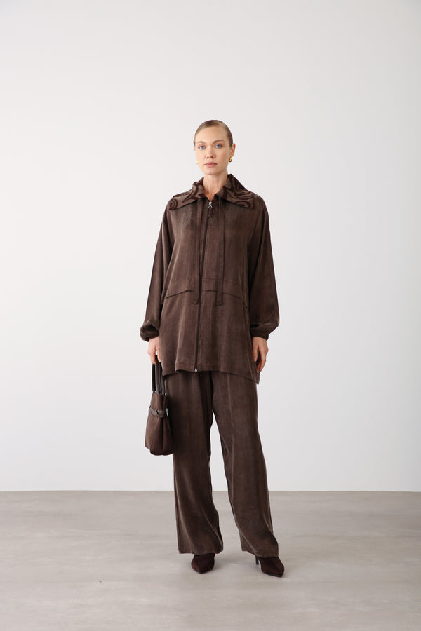 Wholesale Premium Combed Cotton Fabric Elastic Waist Wide-Leg Pants – Brown