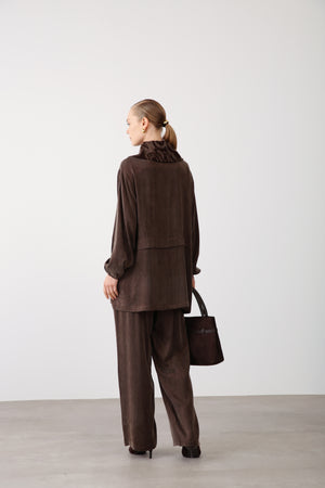 Wholesale Premium Combed Cotton Fabric Elastic Waist Wide-Leg Pants – Brown