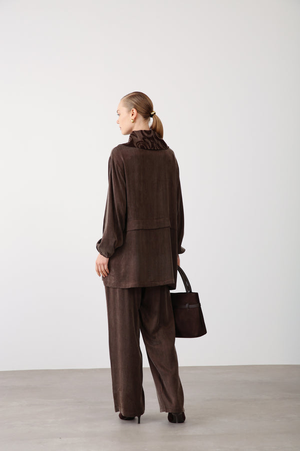 Wholesale Premium Combed Cotton Fabric Elastic Waist Wide-Leg Pants – Brown