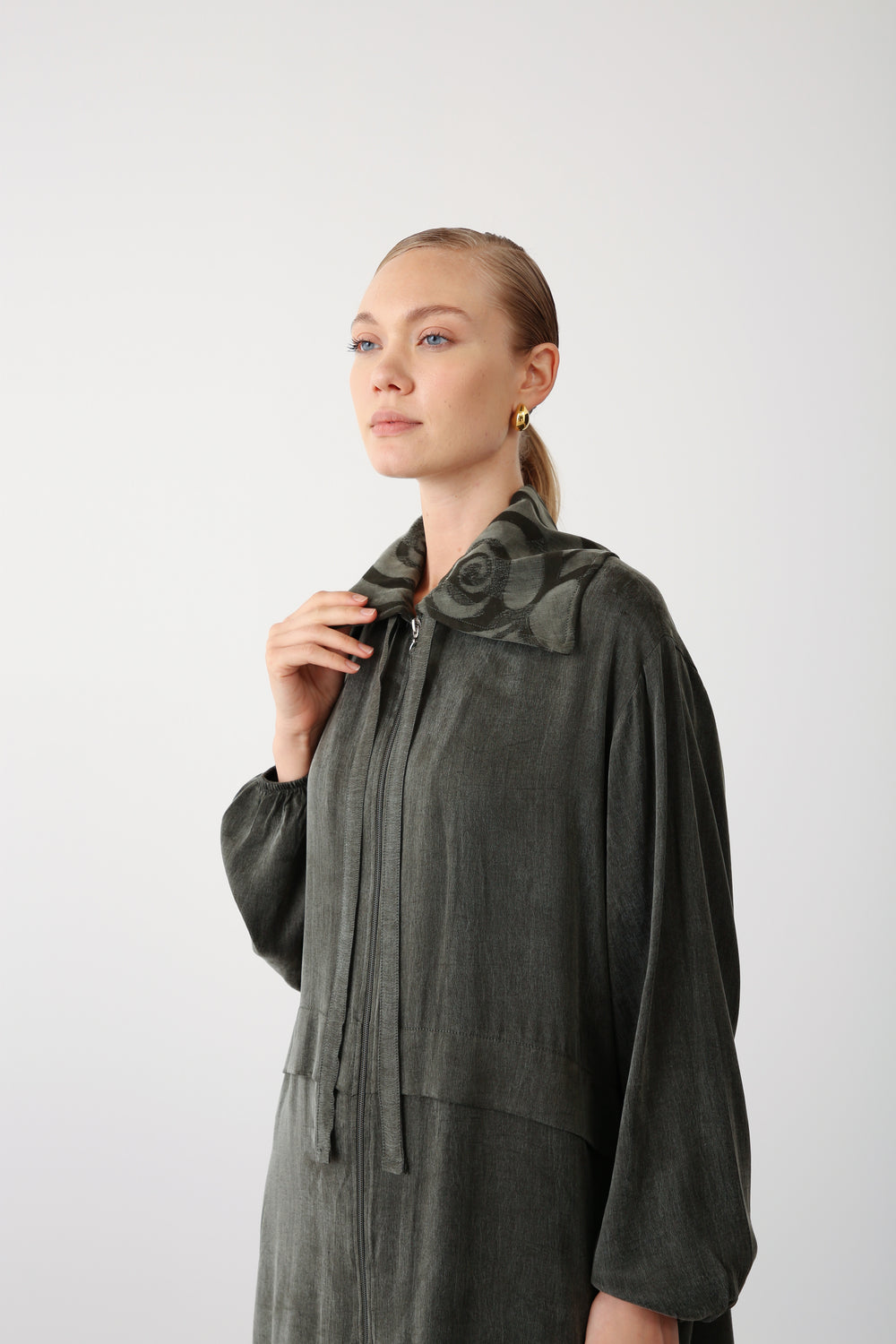 Wholesale Premium Combed Cotton Fabric Patterned Collar Zip-Up Jacket – Khaki