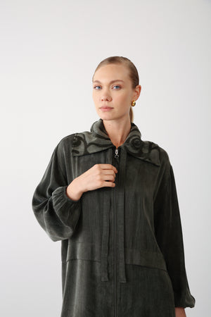 Wholesale Premium Combed Cotton Fabric Patterned Collar Zip-Up Jacket – Khaki