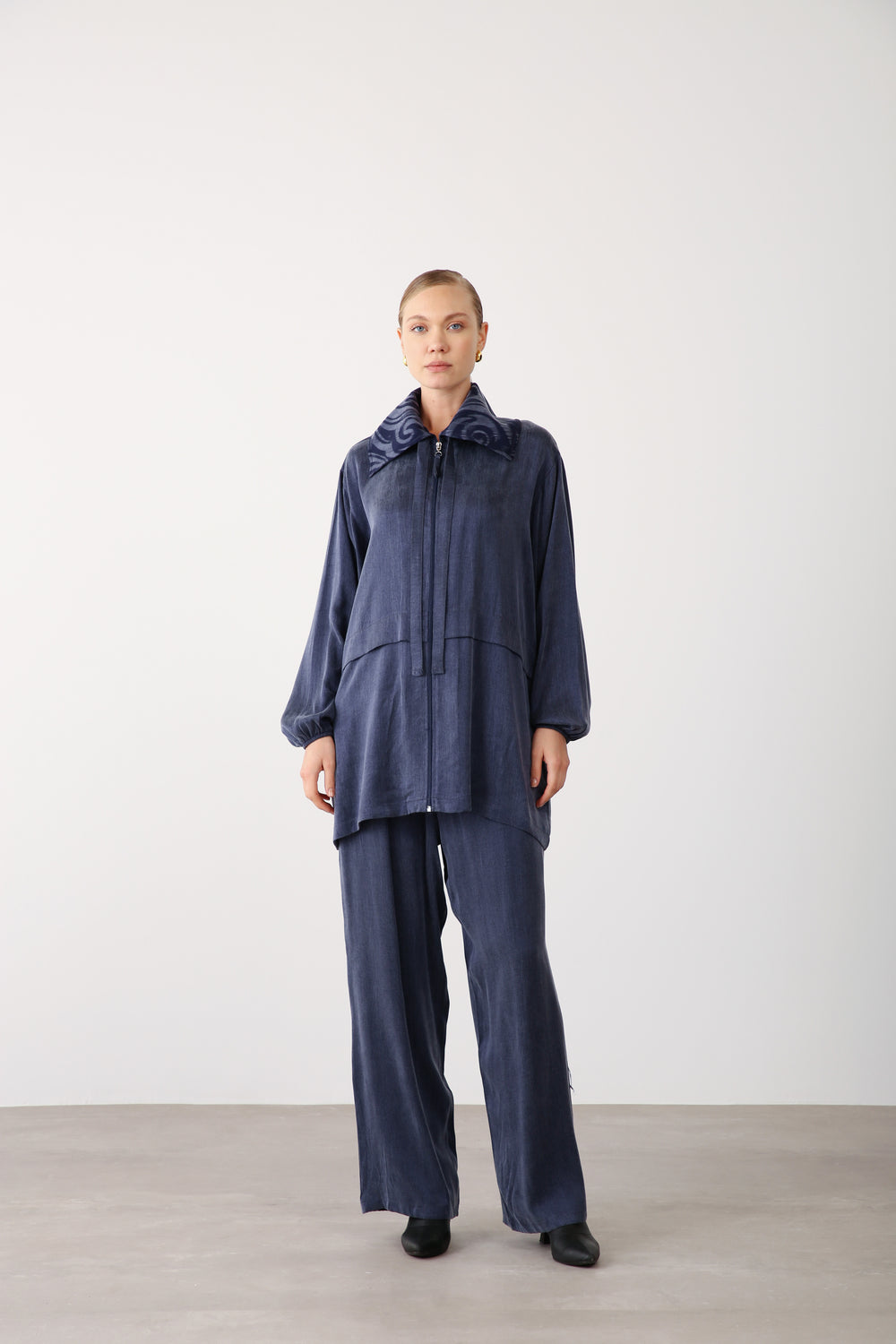 Wholesale Premium Combed Cotton Fabric Elastic Waist Wide-Leg Pants – Navy Blue