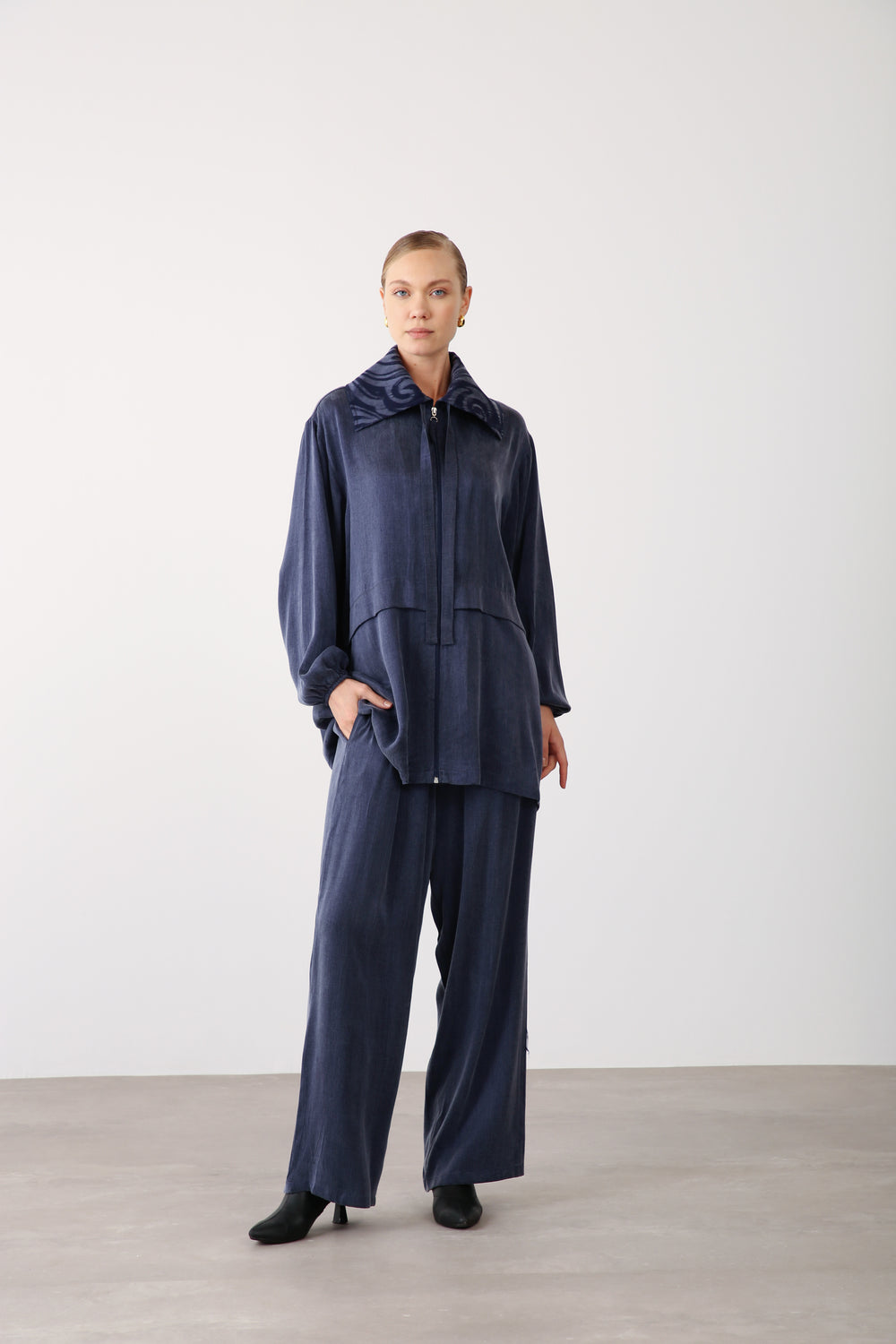Wholesale Premium Combed Cotton Fabric Elastic Waist Wide-Leg Pants – Navy Blue