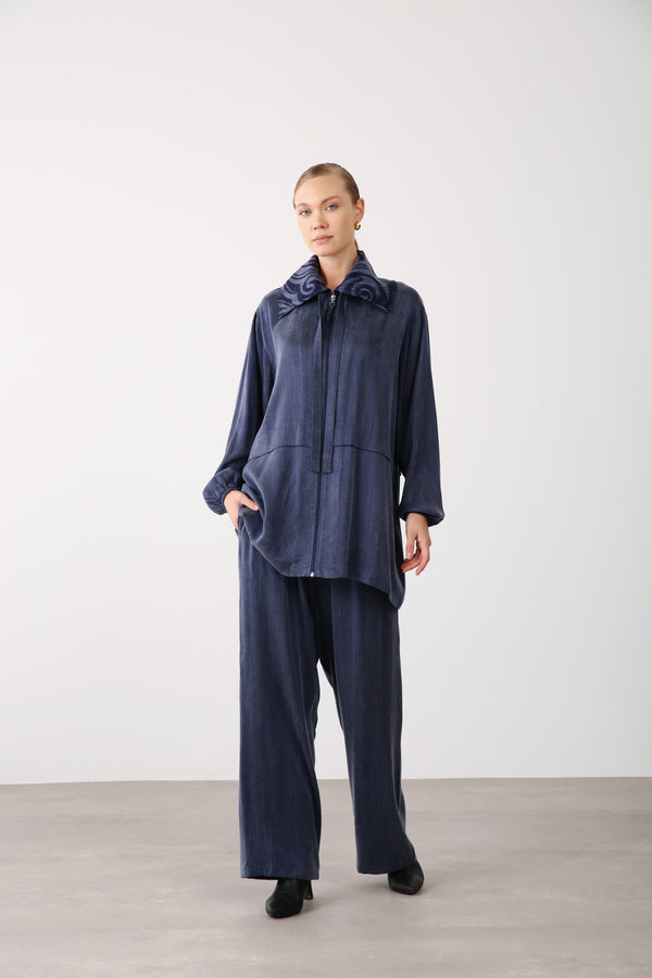 Wholesale Premium Combed Cotton Fabric Elastic Waist Wide-Leg Pants – Navy Blue