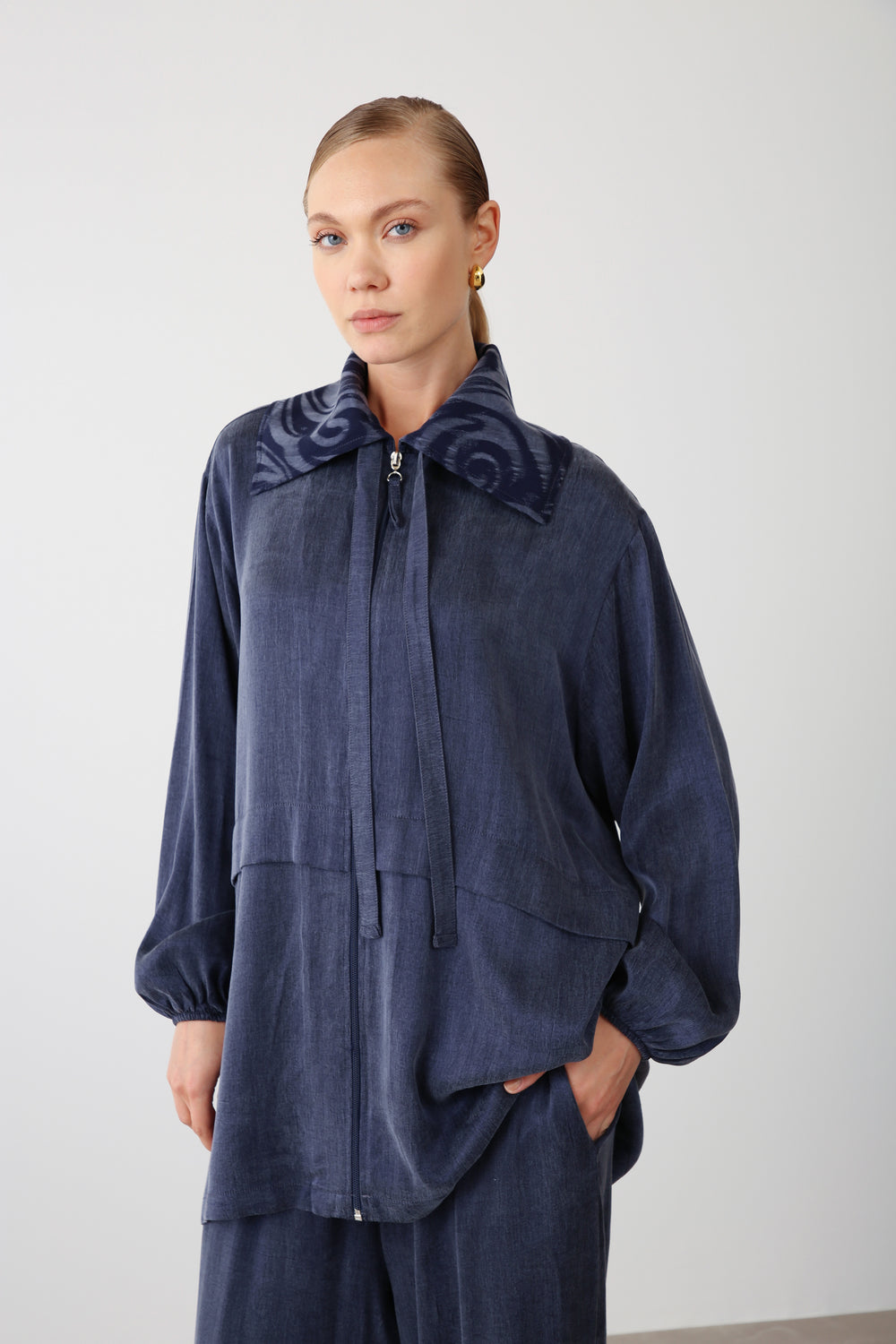 Wholesale Premium Combed Cotton Fabric Patterned Collar Zip-Up Jacket – Navy Blue