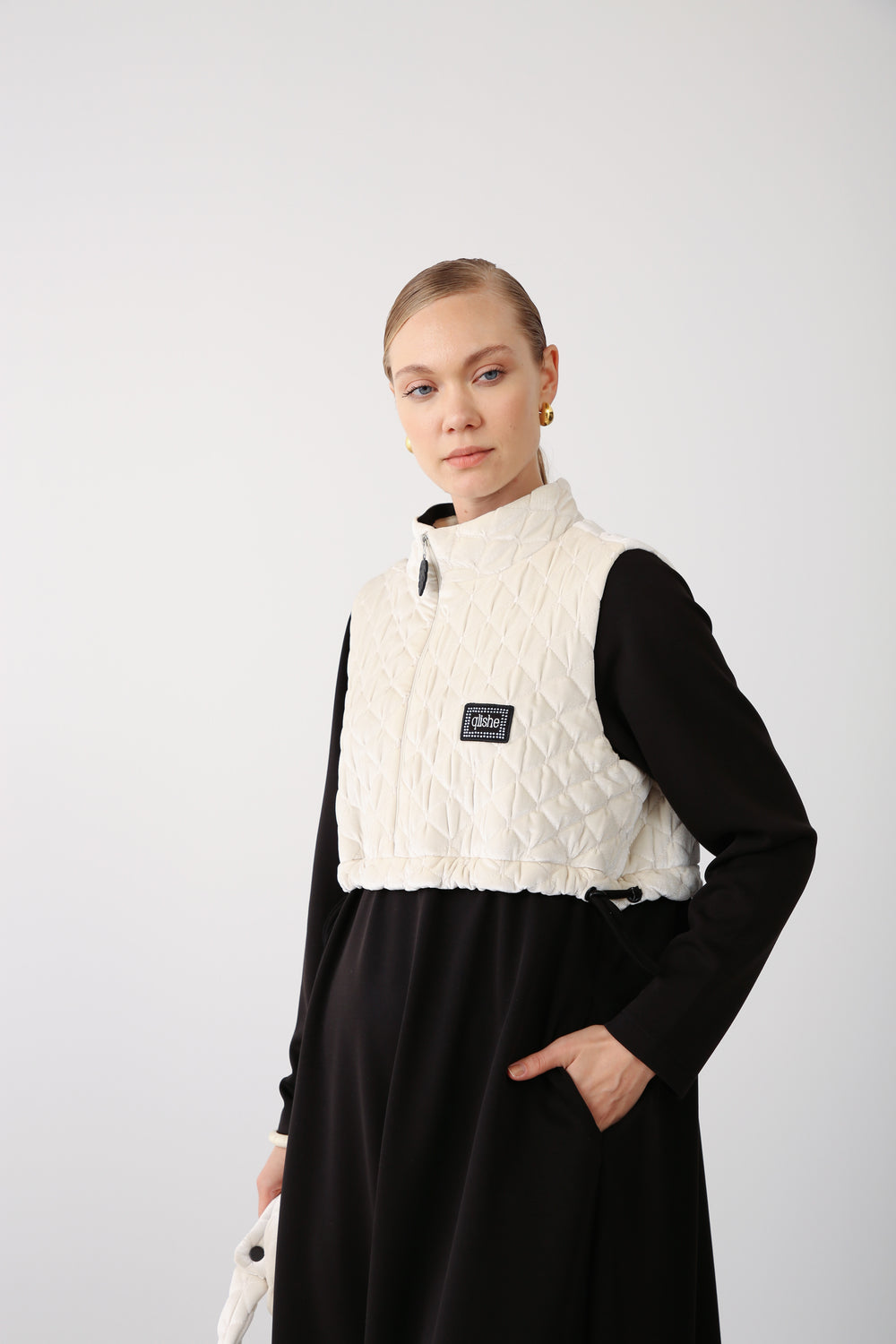 Wholesale Premium Cotton Fabric Quilted Vest Detail Dress - Black
