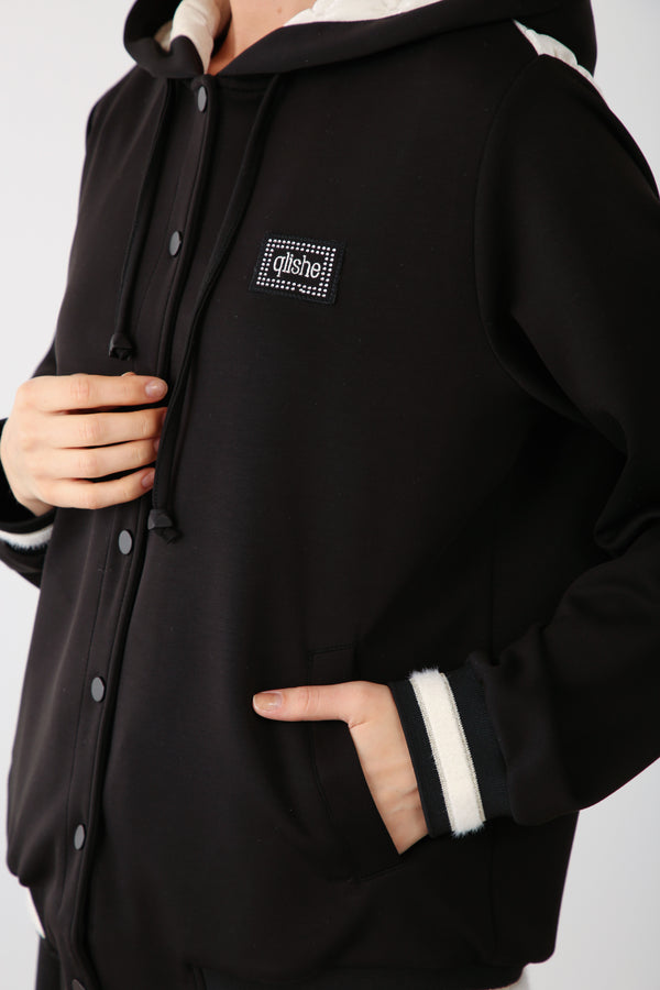 Wholesale Oysho Fabric Quilted Hoodie Jacket - Black