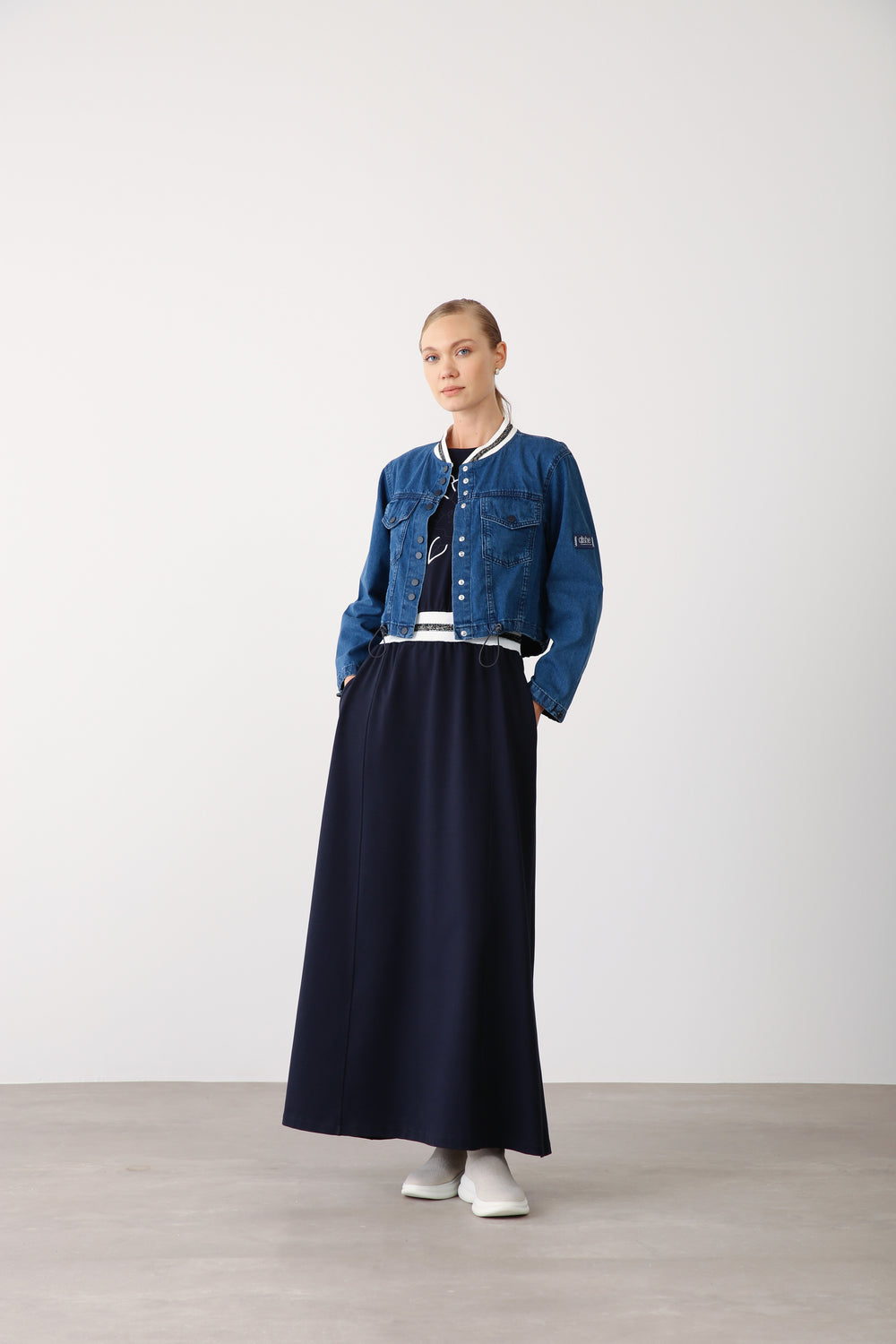 Wholesale Premium Combed Cotton Elastic Waist Maxi Dress – Navy Blue