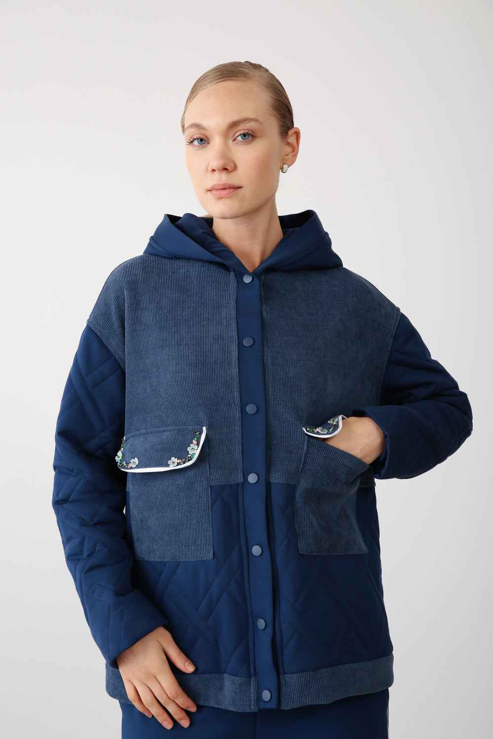 Wholesale Premium Quilted Fabric Pocket Embellished Detailed Jacket - Indigo