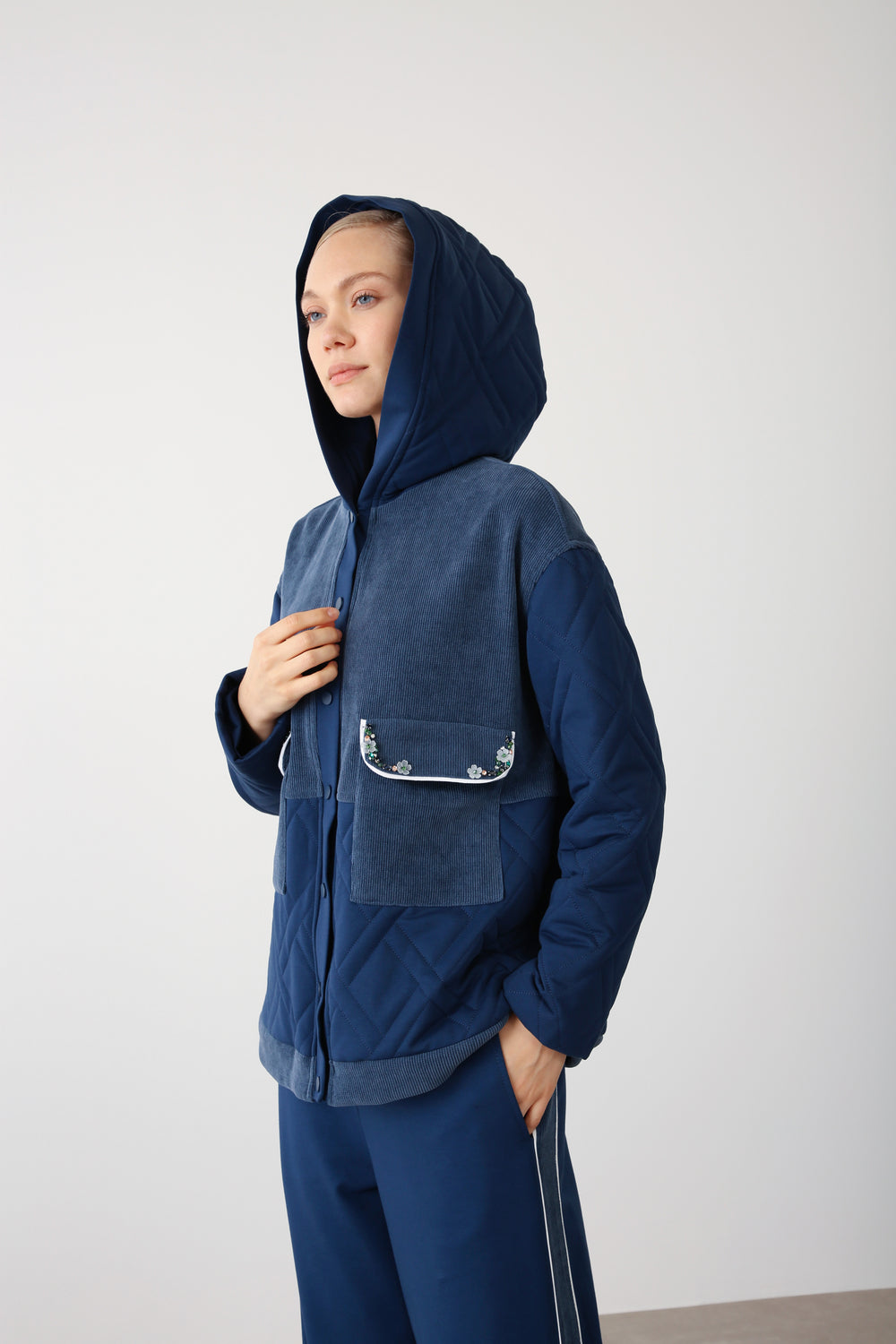 Wholesale Premium Quilted Fabric Pocket Embellished Detailed Jacket - Indigo