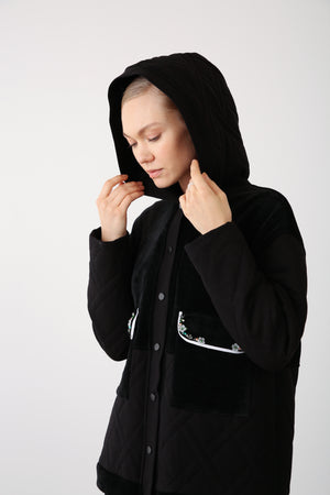 Wholesale Premium Quilted Fabric Pocket Embellished Detailed Jacket - Black