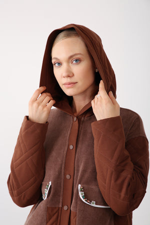 Wholesale Premium Quilted Fabric Pocket Embellished Detailed Jacket - Brown