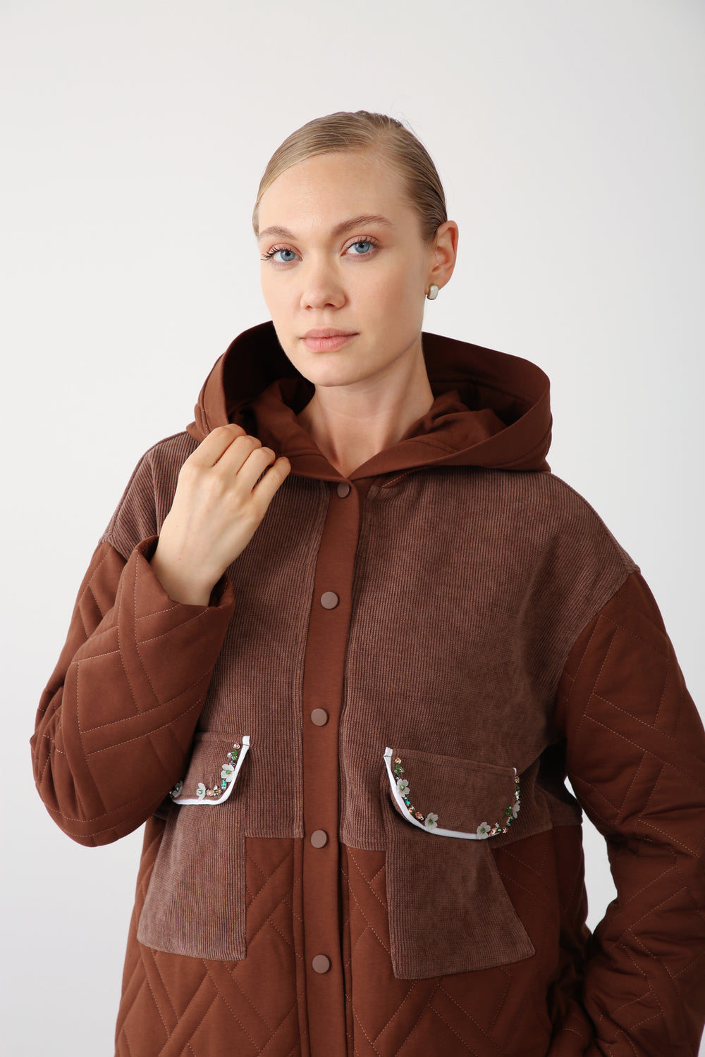 Wholesale Premium Quilted Fabric Pocket Embellished Detailed Jacket - Brown