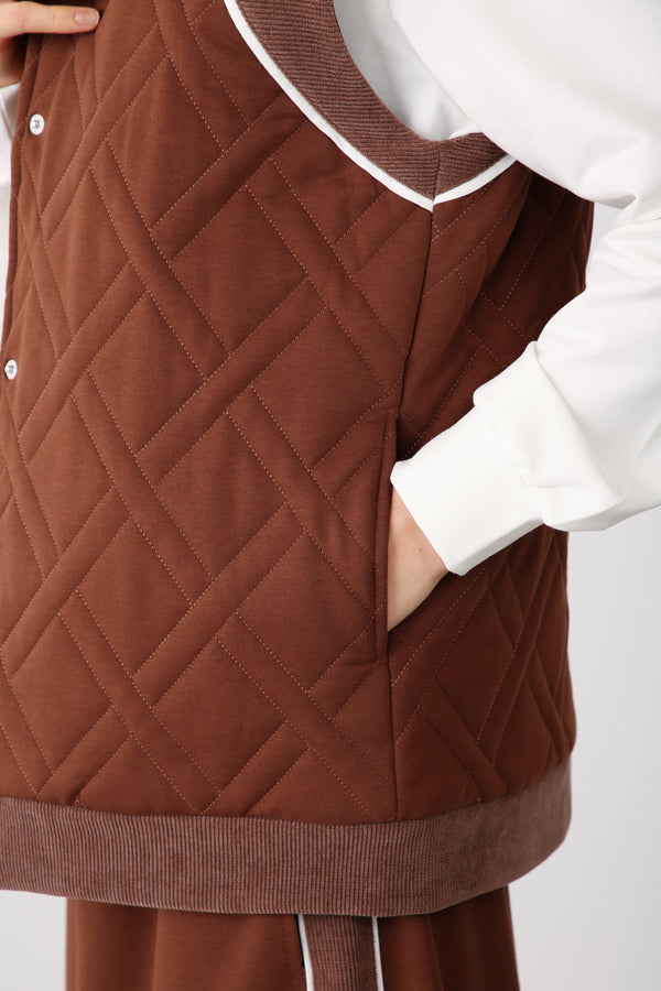 Wholesale Two Thread Quilted Detailed High Collar Vest – Brown