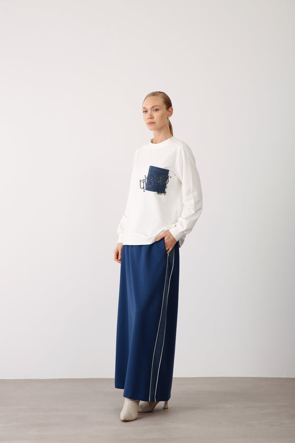 Wholesale Two Thread Fabric Contrast Side Detailed Long Skirt – Indigo