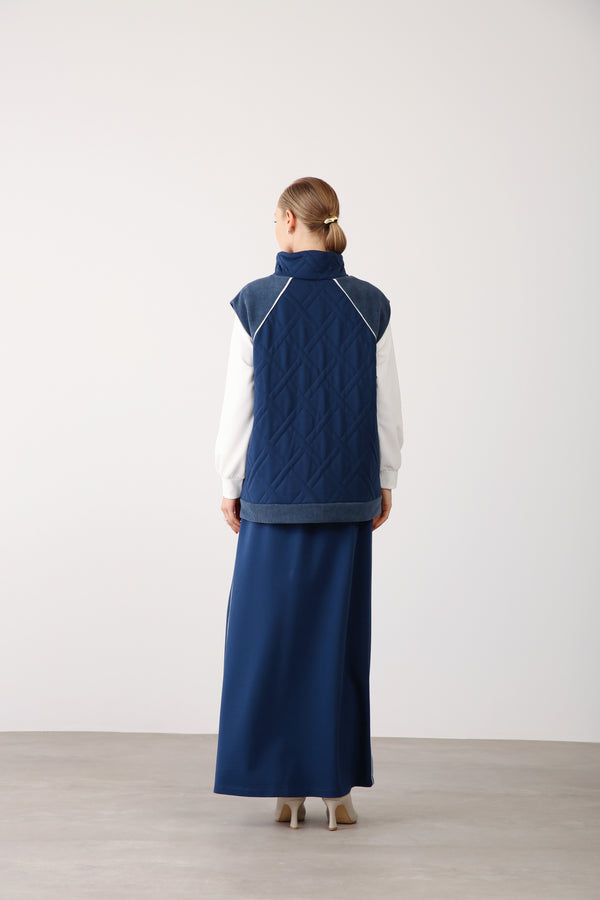 Wholesale Two Thread Fabric Contrast Side Detailed Long Skirt – Indigo