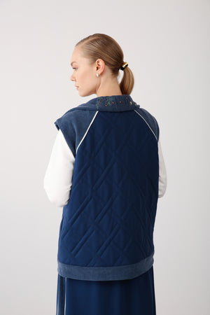 Wholesale Two-Thread Quilted Detailed Vest - Indigo