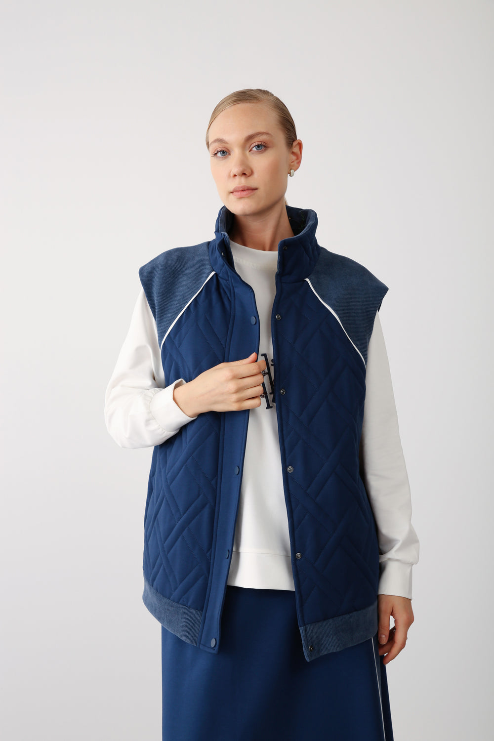 Wholesale Two Thread Quilted Detailed High Collar Vest – Indigo