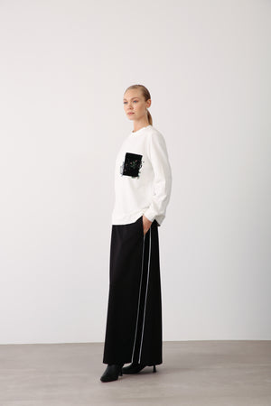 Wholesale Two Thread Fabric Contrast Side Detailed Long Skirt – Black