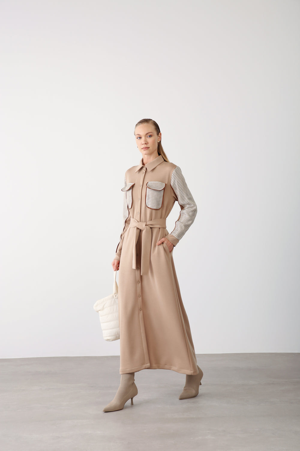 Wholesale Premimum Cotton Mesh Detailed Belted Maxi Dress – Beige