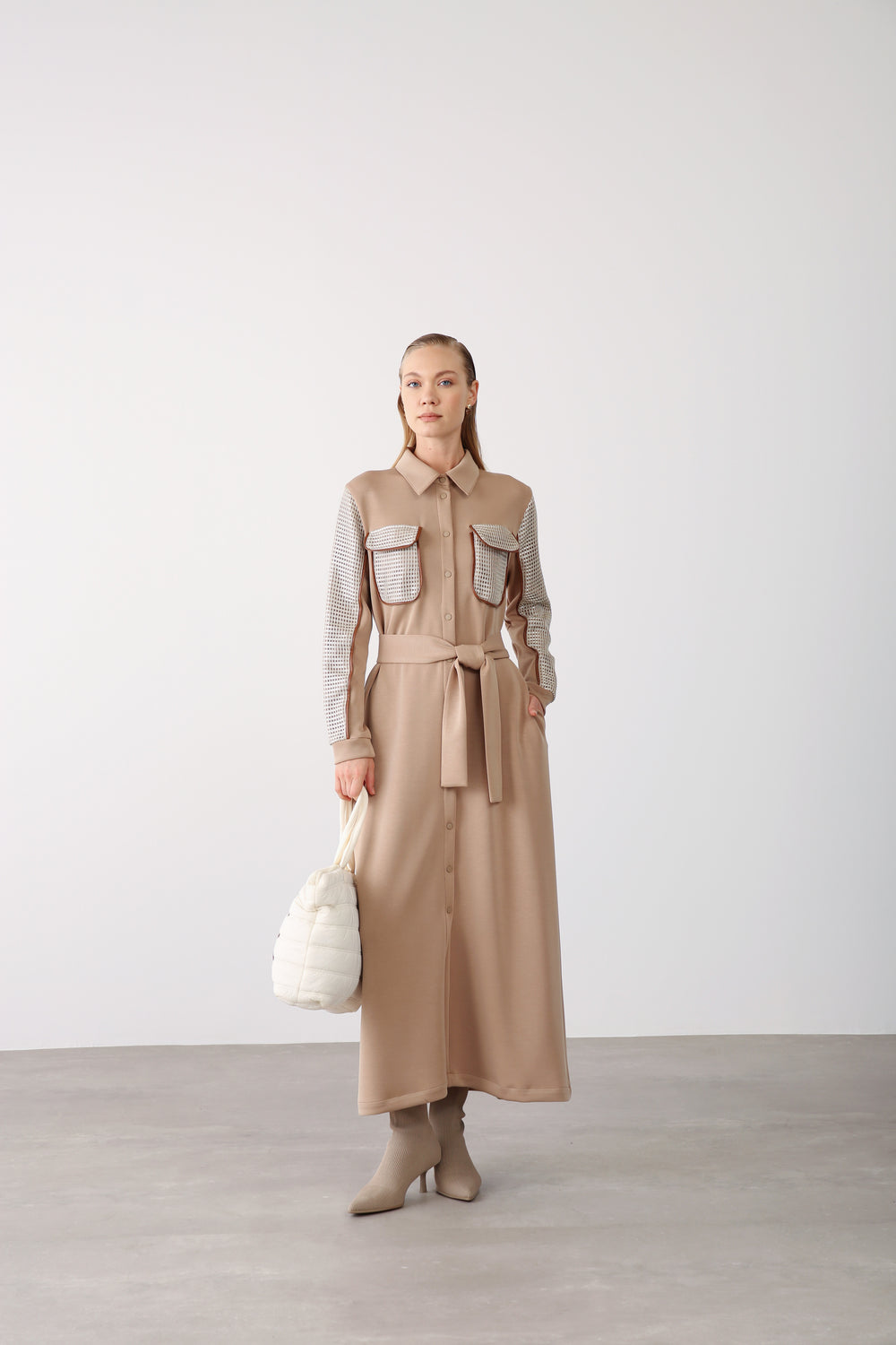 Wholesale Premimum Cotton Mesh Detailed Belted Maxi Dress – Beige