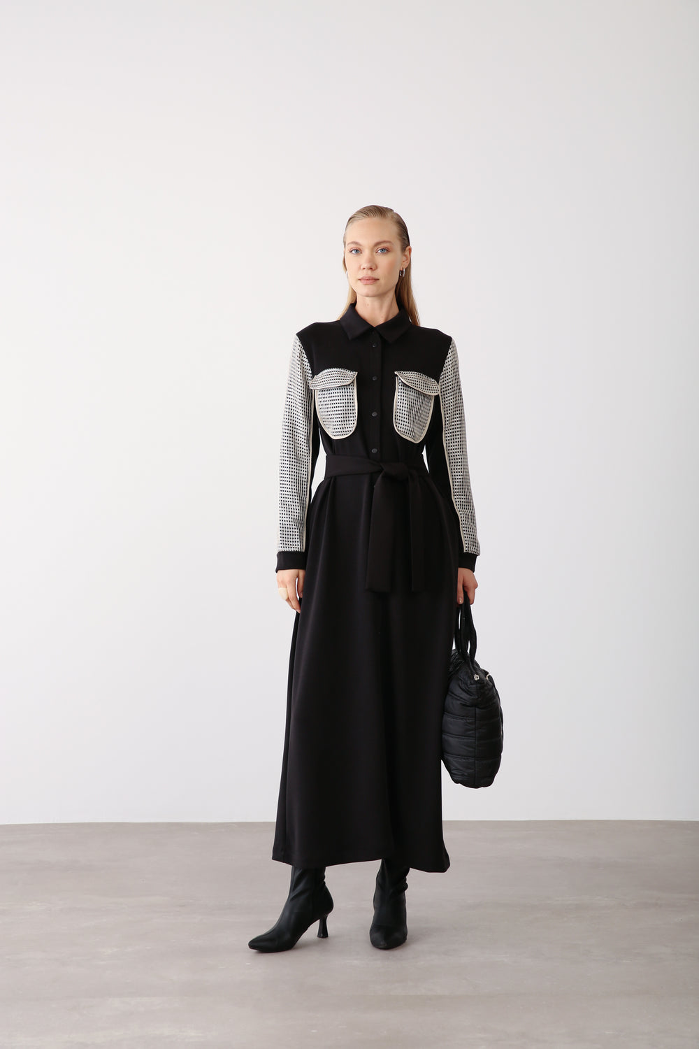Wholesale Premimum Cotton Mesh Detailed Belted Maxi Dress – Black