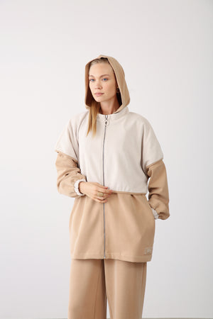 Wholesale Oysho Two-Tone Zip-Up Hooded Jacket - Camel
