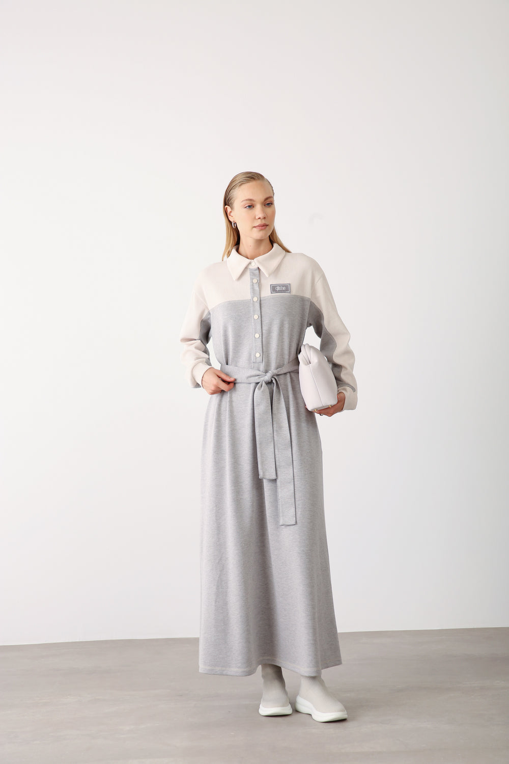 Wholesale Premium Cotton Fabric Contrast Detailed Belted Dress - Gray Melange