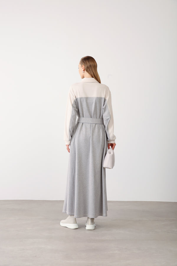 Wholesale Premium Cotton Fabric Contrast Detailed Belted Dress - Gray Melange