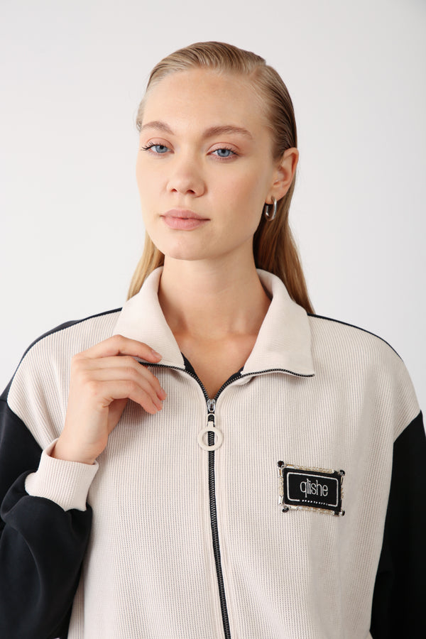 Wholesale Oysho Fabric Rhinestone Trim Zipper Jacket – Black