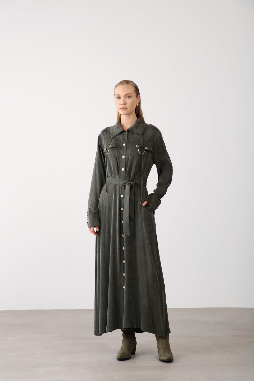 Wholesale Cupra Fabric Chain Detailed Belted Dress - Khaki