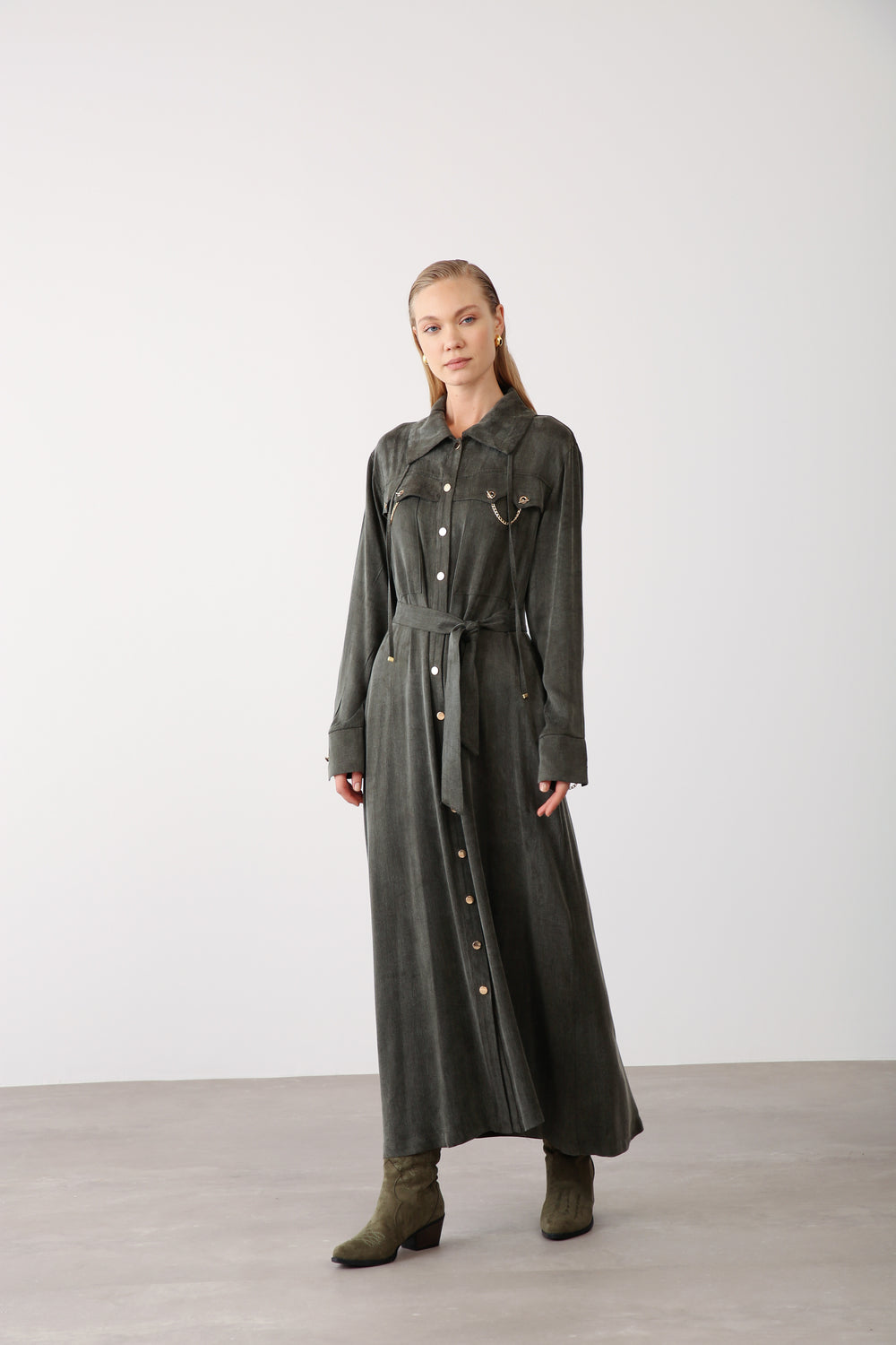 Wholesale Cupra Fabric Chain Detailed Belted Dress - Khaki