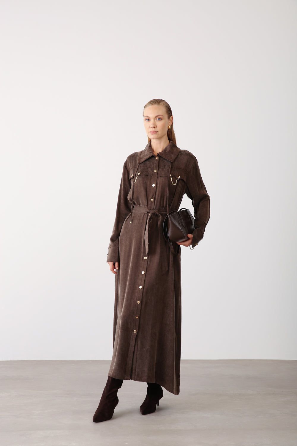 Wholesale Cupra Fabric Chain Detailed Belted Dress - Brown
