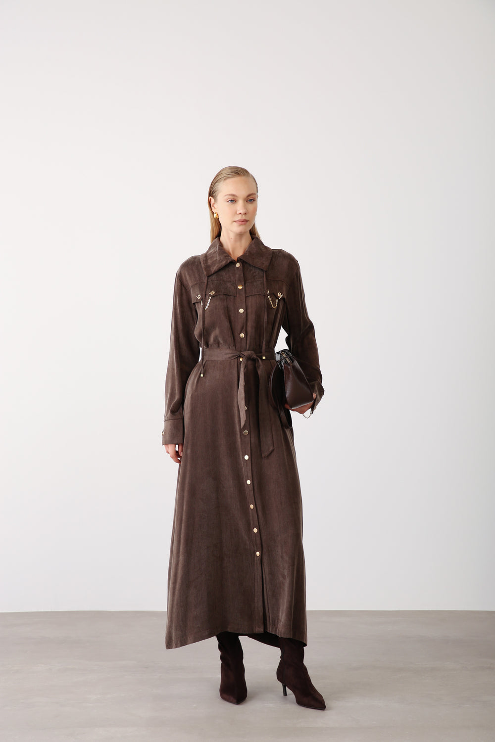 Wholesale Cupra Fabric Chain Detailed Belted Dress - Brown