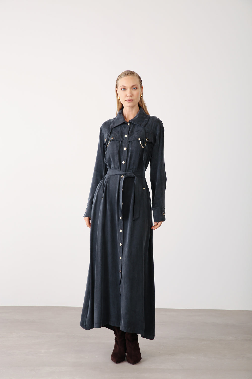 Wholesale Cupra Fabric Chain Detailed Belted Dress - Black
