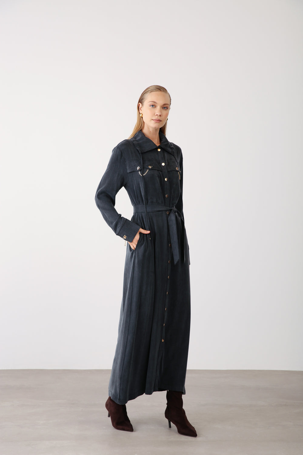 Wholesale Cupra Fabric Chain Detailed Belted Dress - Black