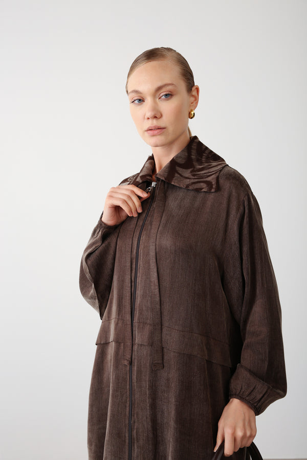 Wholesale Premium Combed Cotton Fabric Patterned Collar Zip-Up Jacket – Brown