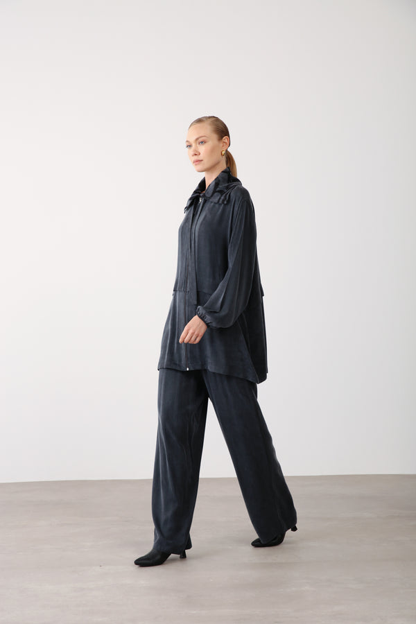 Wholesale Premium Combed Cotton Fabric Elastic Waist Wide-Leg Pants – Black