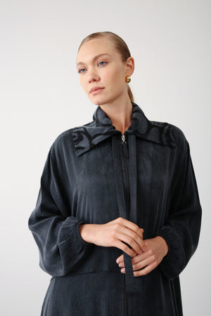 Wholesale Premium Combed Cotton Fabric Patterned Collar Zip-Up Jacket – Black