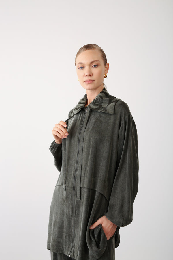 Wholesale Premium Combed Cotton Fabric Patterned Collar Zip-Up Jacket – Khaki