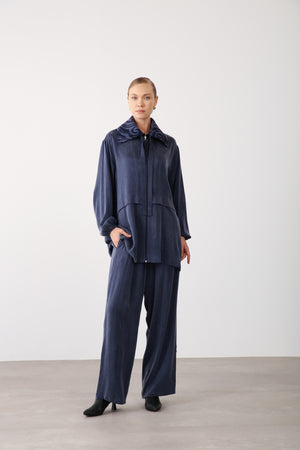 Wholesale Premium Combed Cotton Fabric Elastic Waist Wide-Leg Pants – Navy Blue