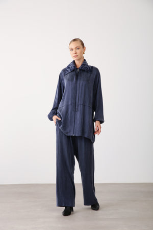Wholesale Premium Combed Cotton Fabric Elastic Waist Wide-Leg Pants – Navy Blue