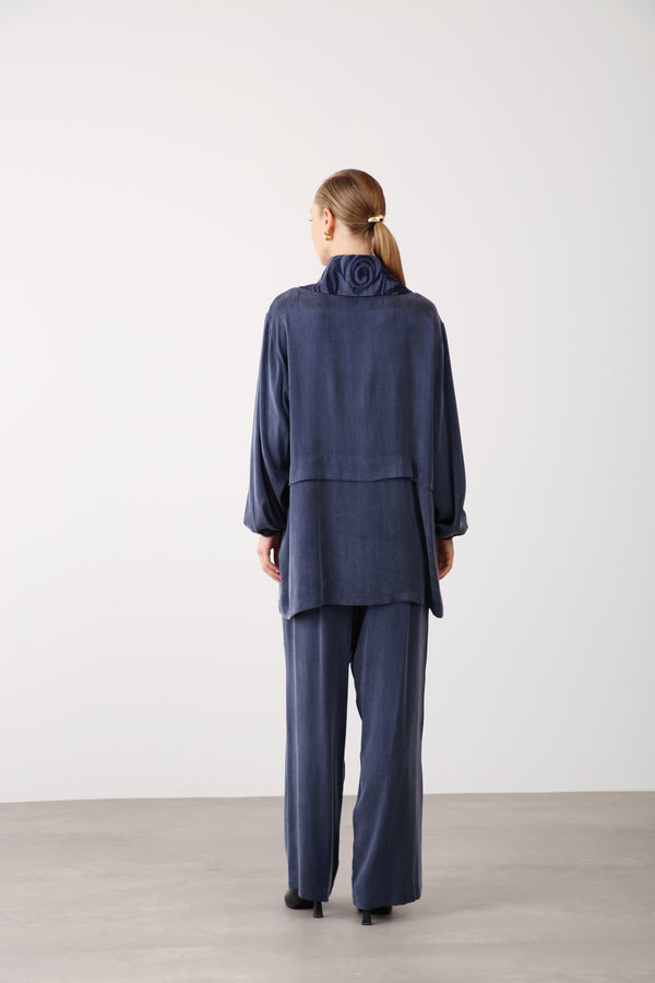 Wholesale Premium Combed Cotton Fabric Elastic Waist Wide-Leg Pants – Navy Blue