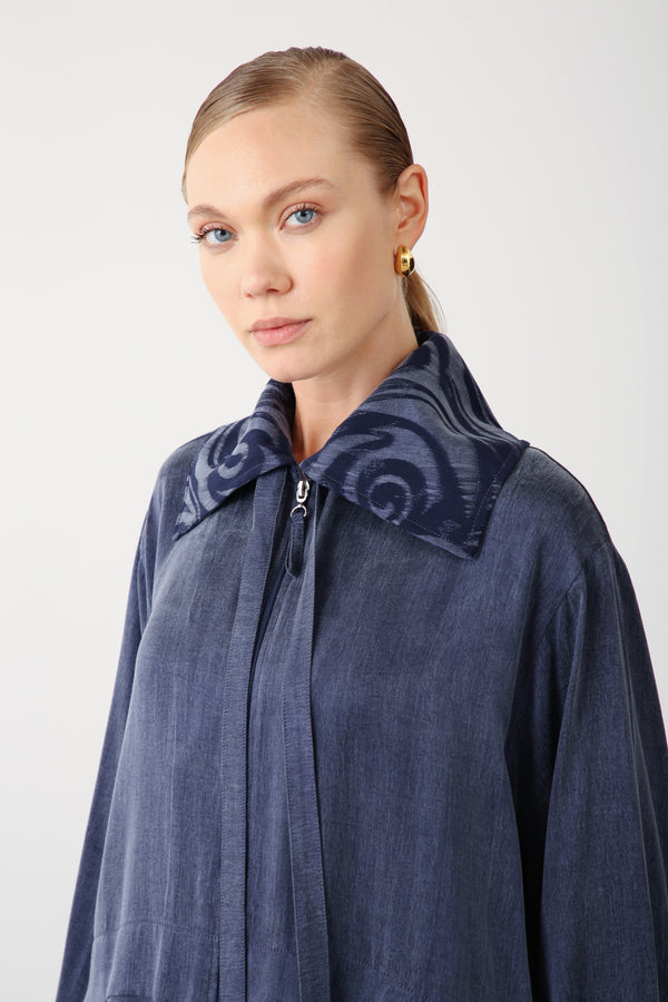 Wholesale Premium Combed Cotton Fabric Patterned Collar Zip-Up Jacket – Navy Blue