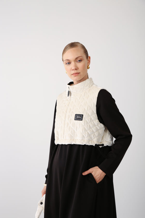Wholesale Premium Cotton Fabric Quilted Vest Detail Dress - Black